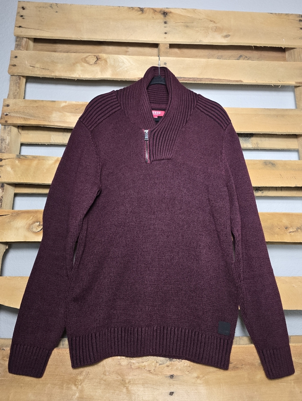 Guess Men's Burgundy Shawl Collar Half-Zip Sweater Size:L